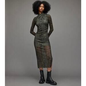 EUC AllSaints Tia Tamora Snake Print Mesh Midi Dress Long Sleeve Bodycon Size 2